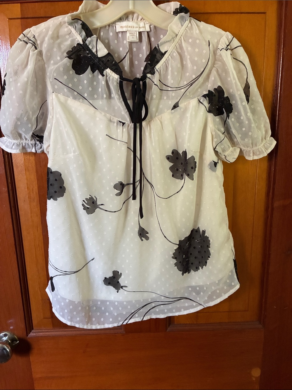 Monsoon White Sheer Dot Blouse with Black Floral Applique